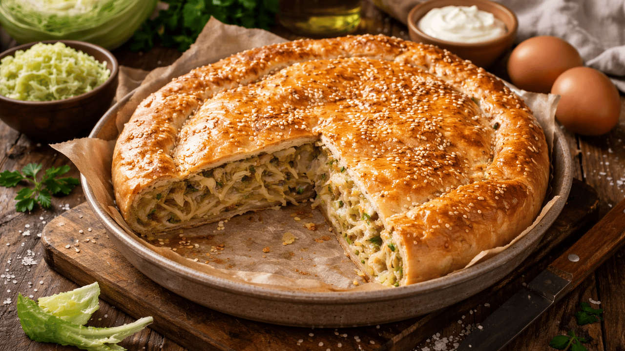 Капустный пирог с мягкой сочной начинкой и румя...