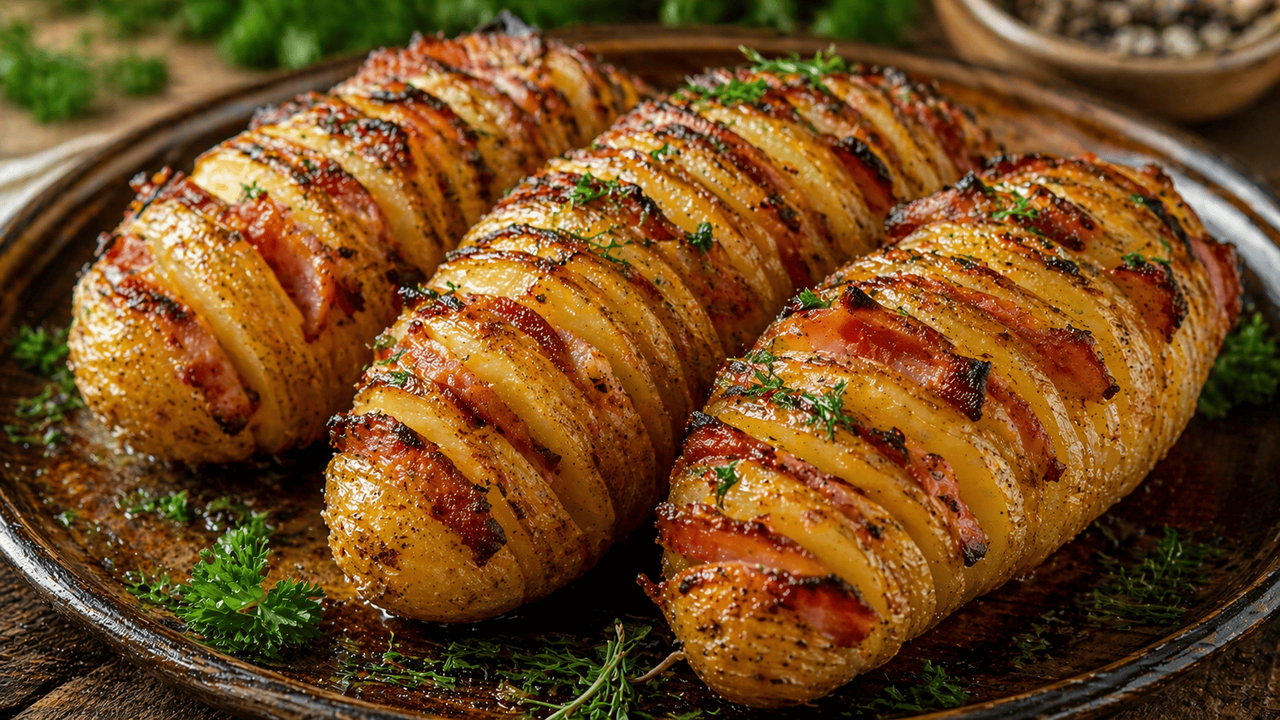 Картошка-гармошка с беконом — это простой спосо...