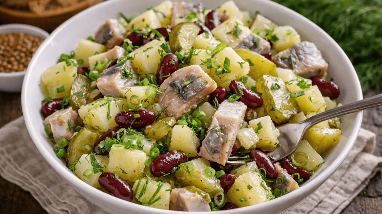 Картофельный салат с селедкой в этом рецепте ра...