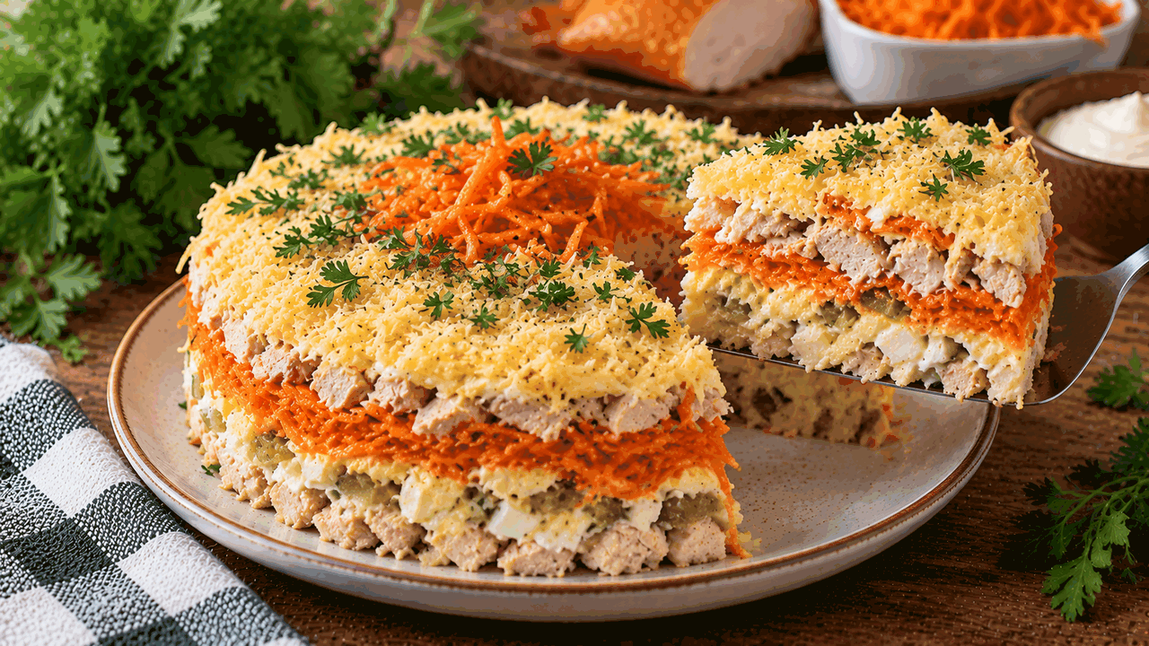 Беру копченую курицу и корейскую морковь: слоеный салат собираю за 10 минут — пропитывать не нужно Слоеный салат с копченой курицей, корейской мор...