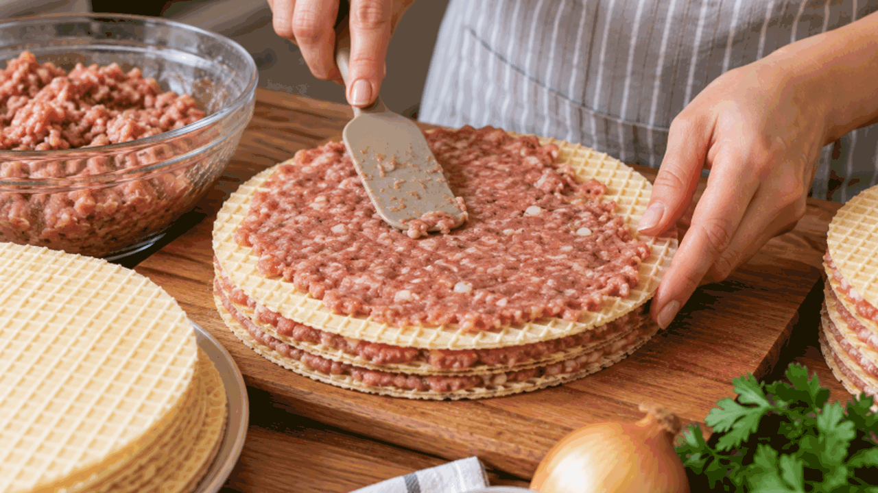 Вафельные коржи промазываю фаршем и режу на кусочки: на сковороде они превращаются в сочные ленивые отбивные Вафельные коржи можно промазать фаршем, нарезат...