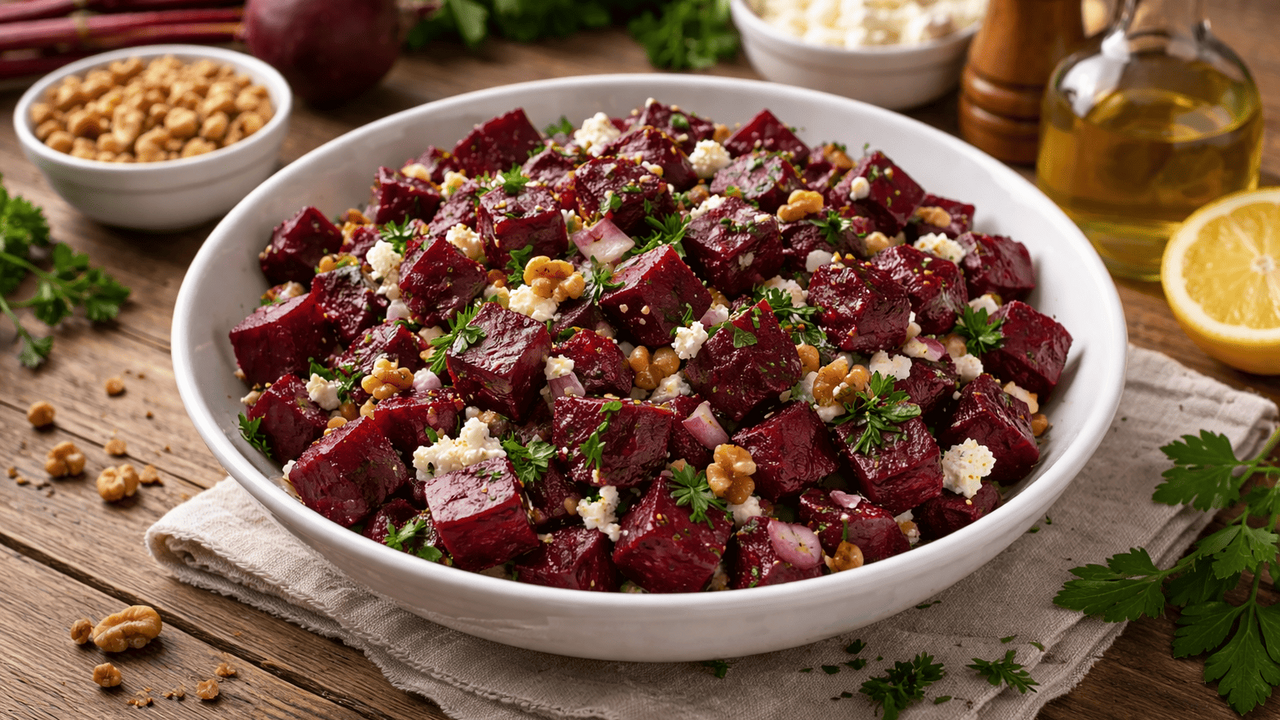 Сочный салат со свеклой и грецкими орехами удив...