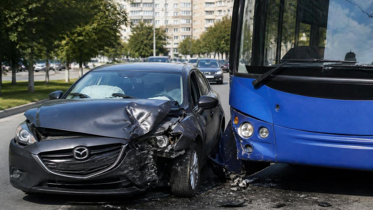 В Казани водитель Mazda столкнулся с автобусом В Казани на улице Беломорской водитель Mazda ст...