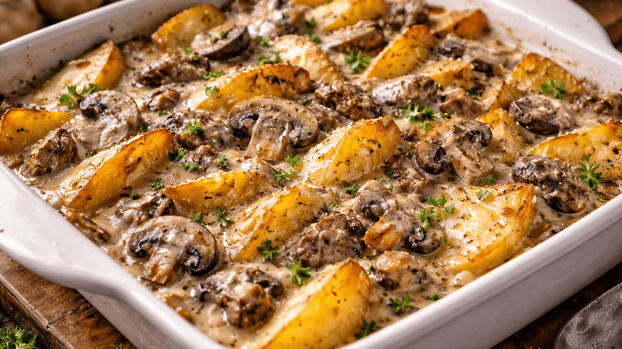 Этот запечённый картофель с грибами и сливками ...