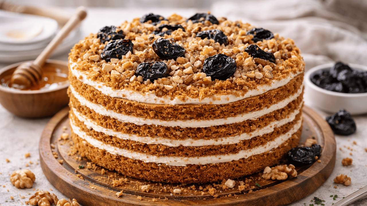 Домашний медовый торт с черносливом и грецкими ...