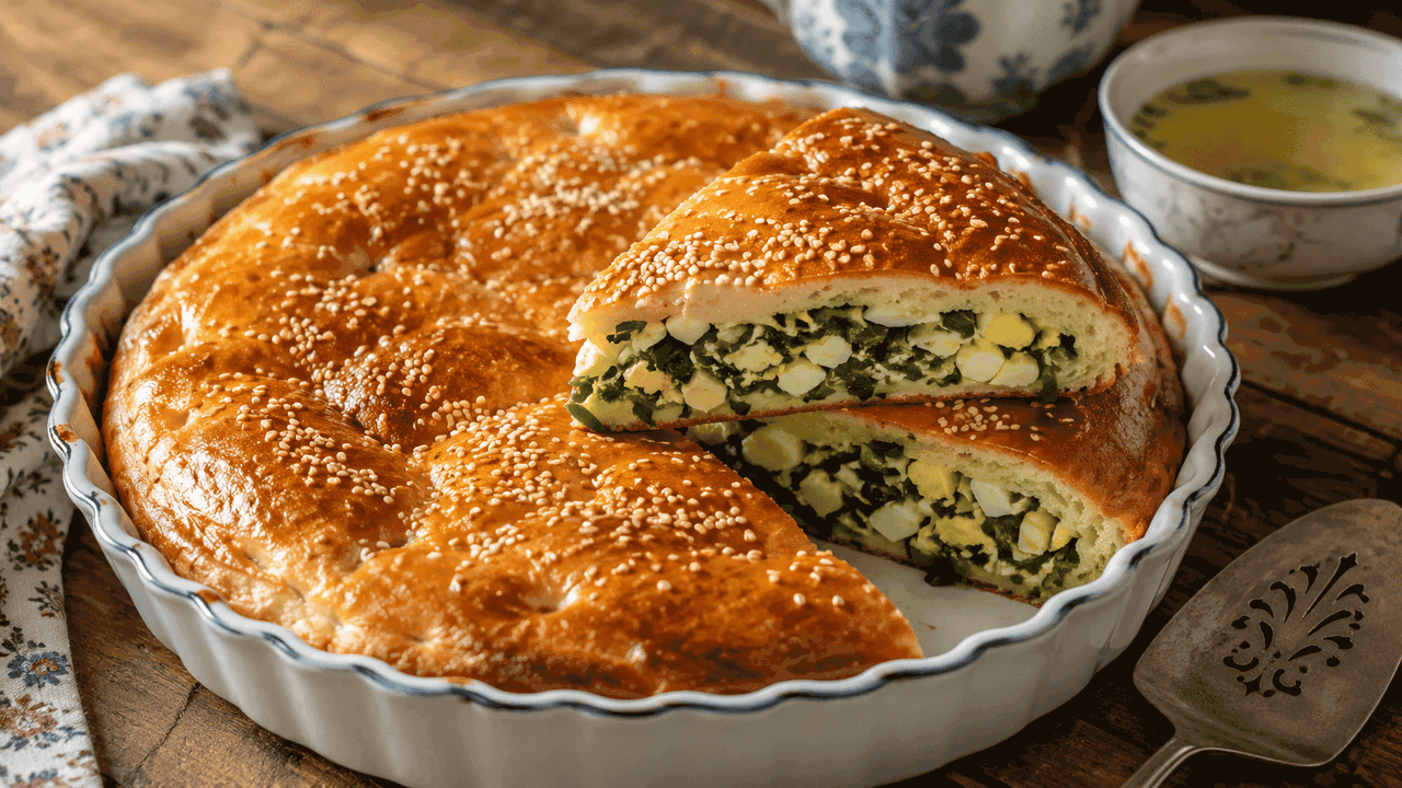 Заливной пирог с луком и яйцом — это простой и ...